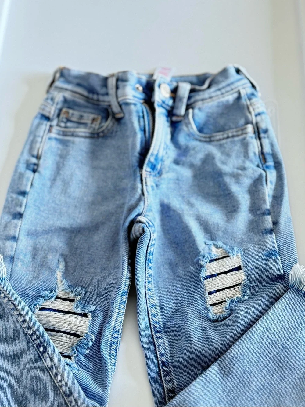 Justice Light Blue Distressed Boyfriend Jeans with Striped Patch